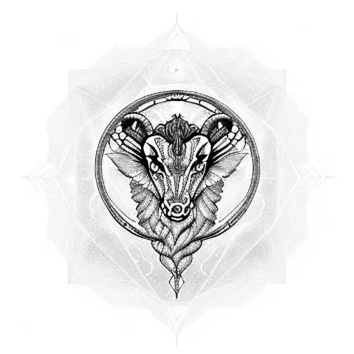 A blackwork tattoo of a cosmic scene with Aries, Cancer, and Scorpio symbols incorporated in a geometric design tattoo design idea