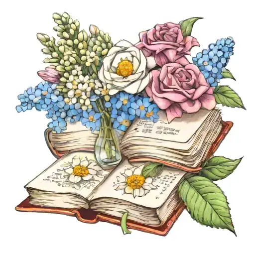 hyacinth, chamomile flowers, forget me nots, roses pressed inside a book   tattoo design idea
