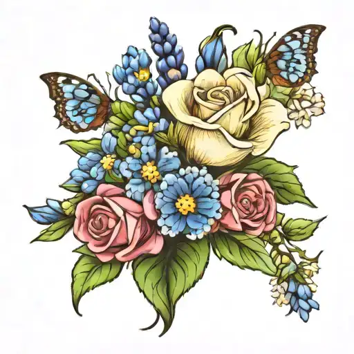 hyacinth, chamomille flowers, forget me nots, roses  tattoo design idea