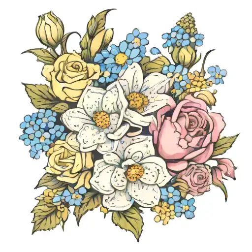 hyacinth, chamomile flowers, forget me nots, roses  tattoo design idea