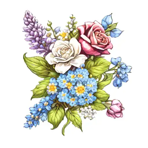 hyacinth, chamomile flowers, forget me nots, roses  tattoo design idea