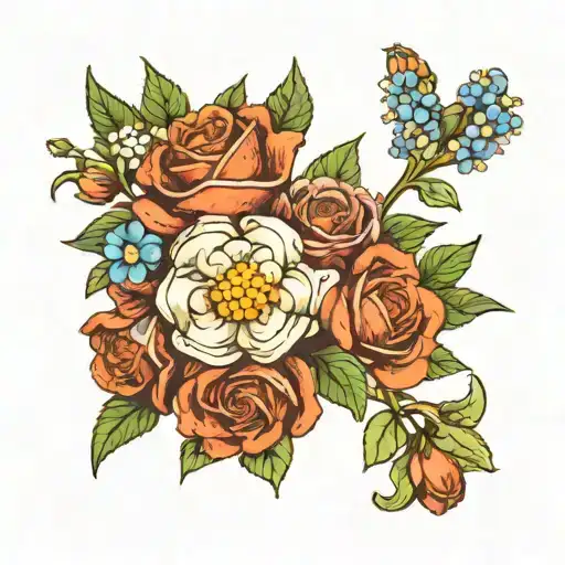 hyacinth, chamomile flowers, forget me nots, roses  tattoo design idea