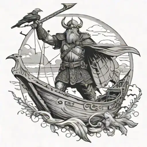A warrior in full Viking armor standing on the bow of a ship, with crows perched on the mast tattoo design idea