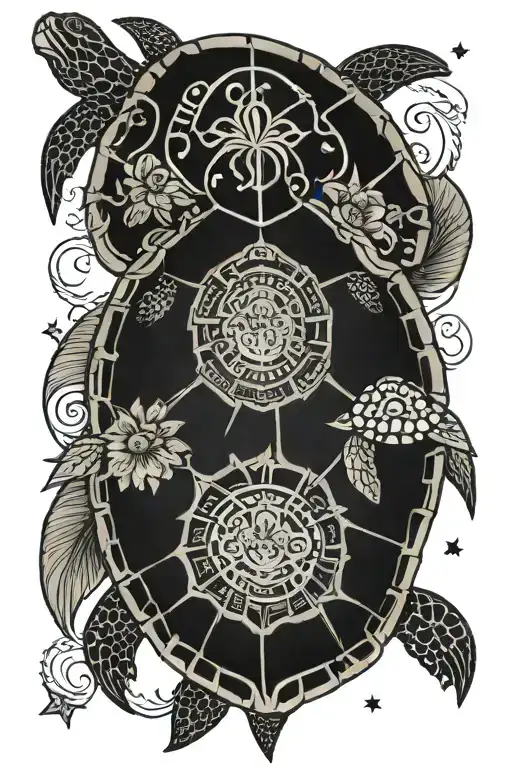 turtle  with the names "Charlotte" "Emmett" "Bennett" "Ali" hidden in the design of the shell, hawiian vibes, Jesus tattoo design idea