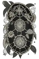 turtle  with the names "Charlotte" "Emmett" "Bennett" "Ali" hidden in the design of the shell, hawiian vibes, Jesus tattoo design idea