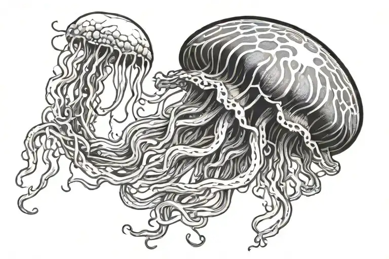 A tattoo of a jellyfish with long tentacles that starts on the back and wraps around the body to the abdomen tattoo design idea