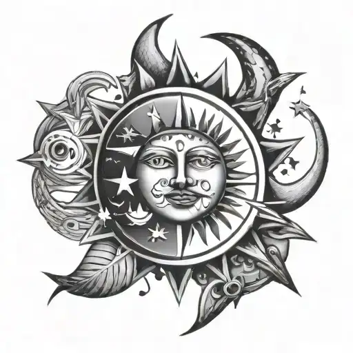 Uruguay sun with a face and moon 4 birds 7 stars tattoo design idea