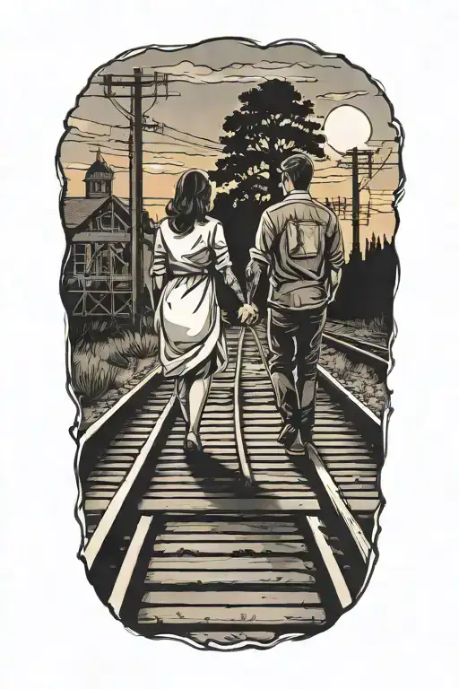 couple holding hands walking on train tracks towards the sunset tattoo design idea