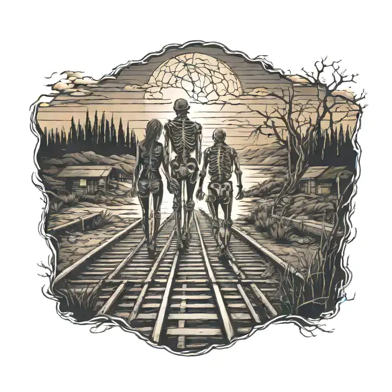  tattoo of a  skeleton couple walking along train tracks and a winding path towards a glowing sunset holding hands tattoo design idea