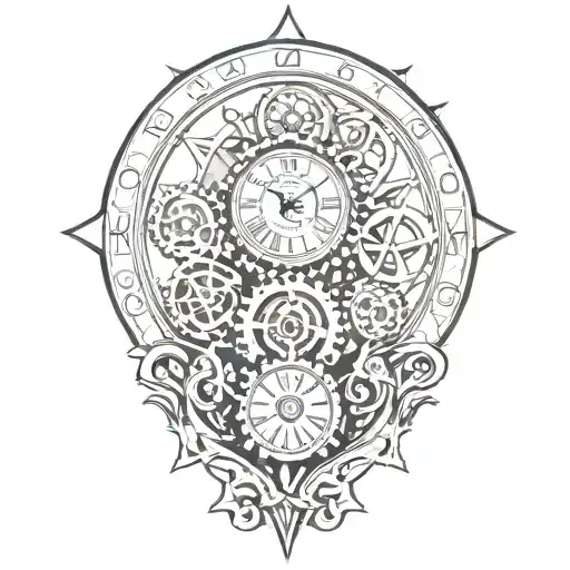 A geometric design incorporating the initials of Beth's family members intertwined with clock gears, symbolizing the importance of family and the passing of time tattoo design idea