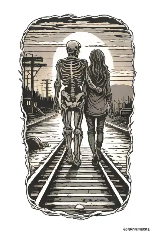 A skeleton couple walking on train tracks towards a glowing sunset holding hands tattoo design idea