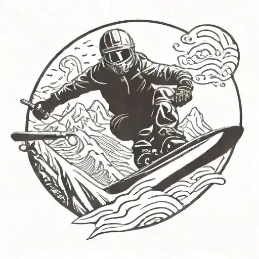 Snowboarder shredding down a mountain with a skull helmet and viking shield tattoo design idea