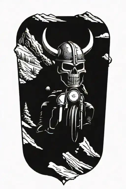 A skull with a viking helmet riding a Harley motorcycle through a snowy mountain landscape tattoo design idea