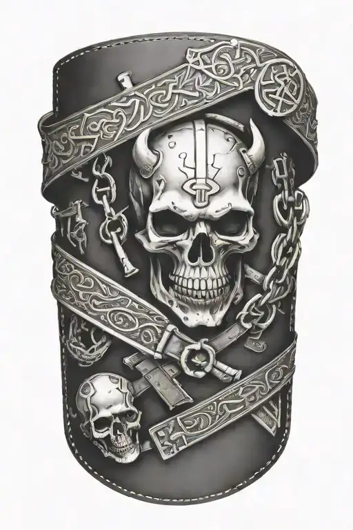 A detailed ironworker's tool belt with viking runes and skull motifs, representing strength and craftsmanship tattoo design idea