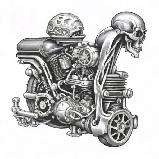 Flaming Harley Davidson engine with a skull in the flames tattoo design idea