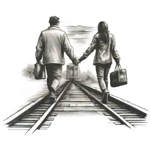 couple holding hands walking on train traveling either tattoo design idea