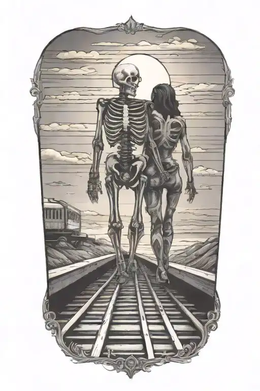 A skeleton couple walking on train tracks towards a glowing sunset holding hands tattoo design idea