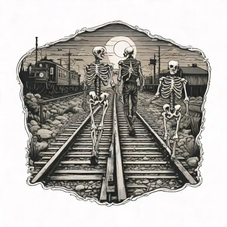  tattoo of a  skeleton couple walking along train tracks against all odds on path towards a glowing sunset holding hands tattoo design idea