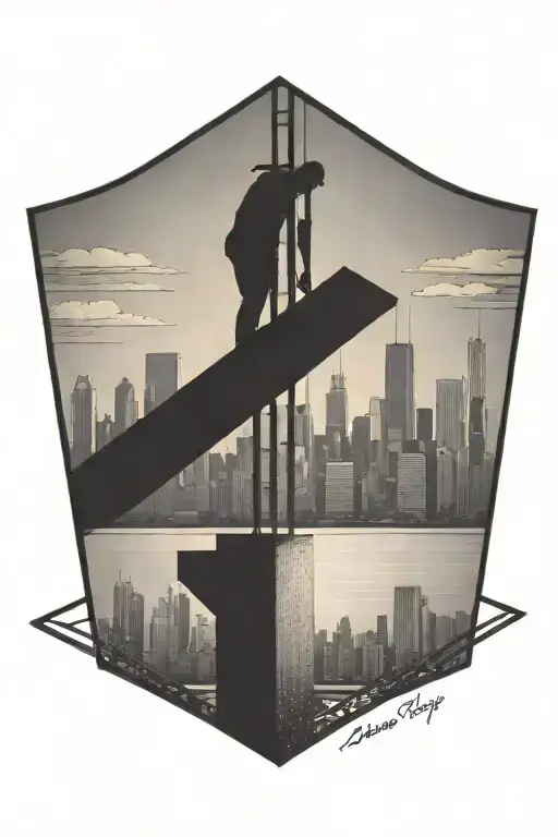 A dotwork tattoo of the Chicago skyline with a silhouette of an ironworker working on a beam, representing the client's occupation and favorite city tattoo design idea
