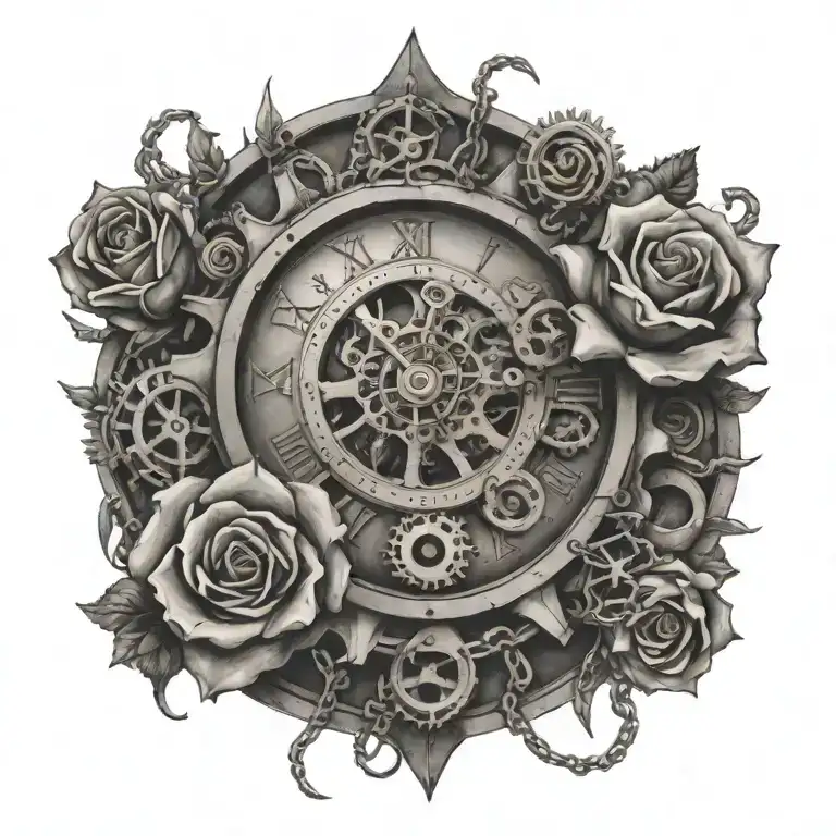 A clock with gears made out of boat anchors and chains, surrounded by roses tattoo design idea