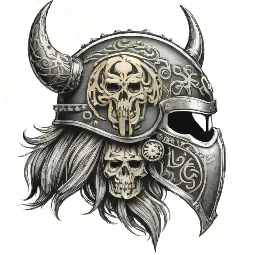 A motorcycle helmet adorned with viking symbols and skulls, reflecting a fearless spirit on the road tattoo design idea