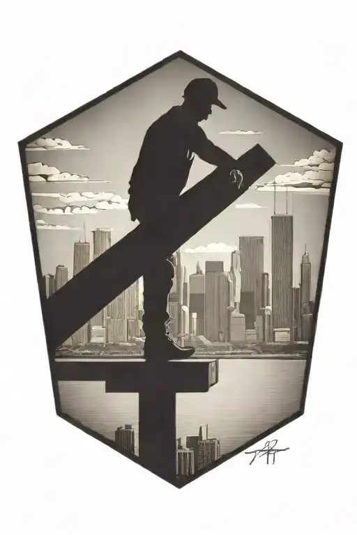 A dotwork tattoo of the Chicago skyline with a silhouette of an ironworker working on a beam, representing the client's occupation and favorite city tattoo design idea