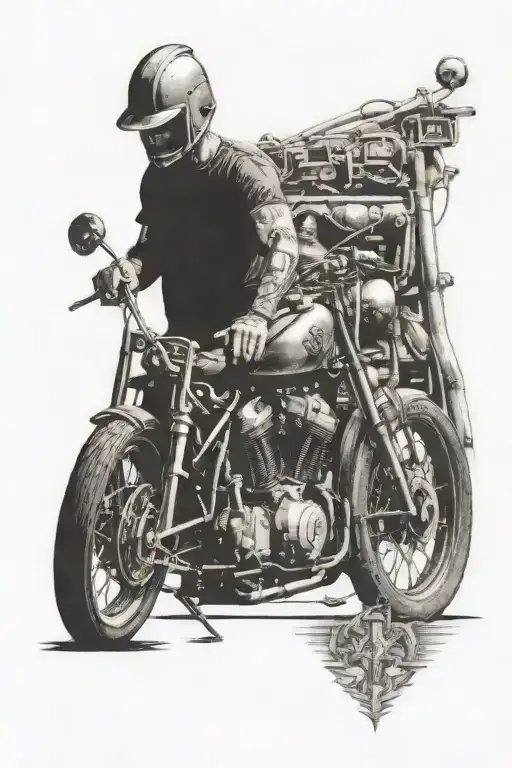 Ironworker welding a shovelhead harley motorcycle with viking runes in the background tattoo design idea