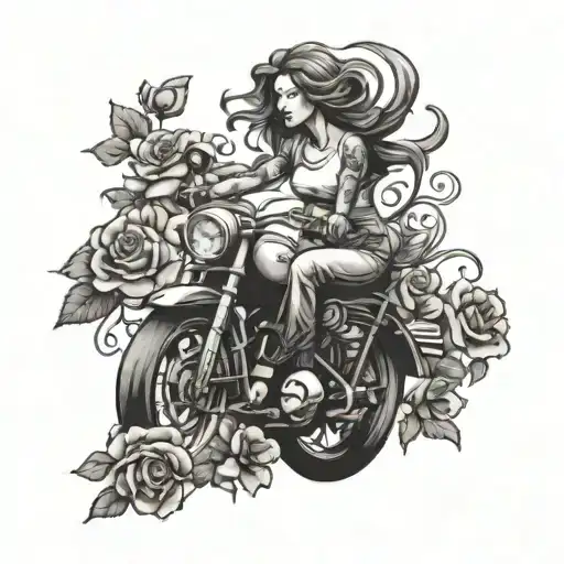 A Virgo maiden riding a motorcycle through a field of roses tattoo design idea