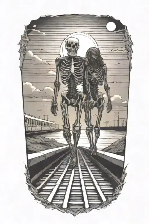 A skeleton couple walking on train tracks towards a glowing sunset holding hands tattoo design idea