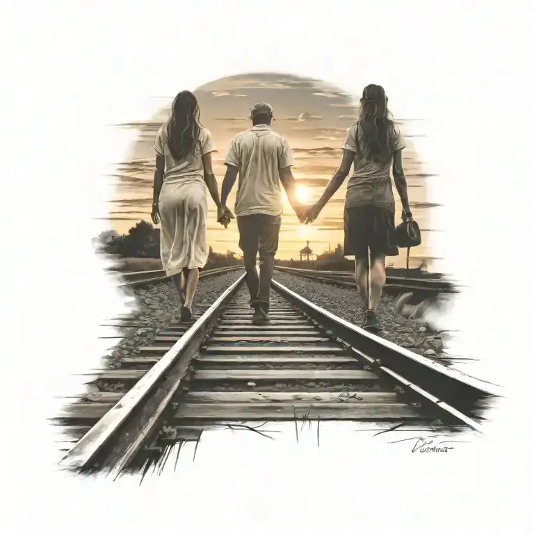 lman and women holding hands walking on train tracks into sunset  tattoo design idea