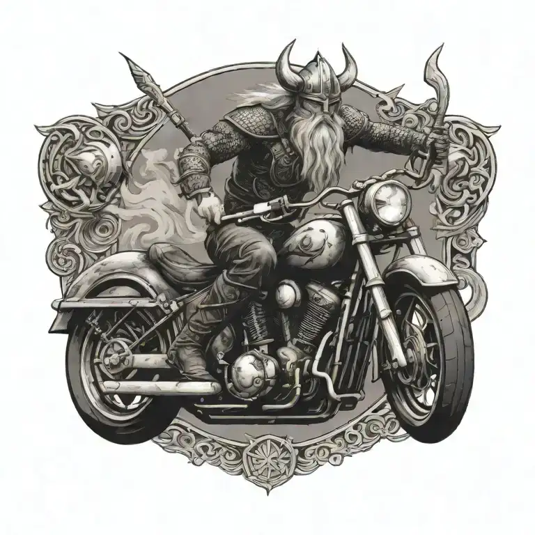 A viking warrior riding a motorcycle into battle, blending ancient and modern themes tattoo design idea