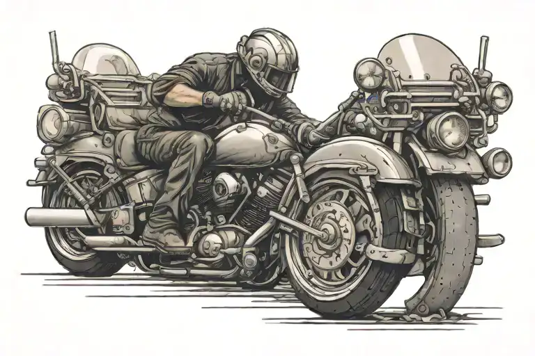 Ironworker welding a Harley Davidson motorcycle with Viking skull details tattoo design idea