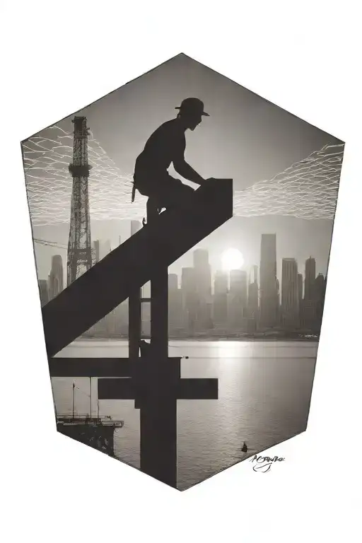 A dotwork tattoo of the Chicago skyline with a silhouette of an ironworker working on a beam, representing the client's occupation and favorite city tattoo design idea