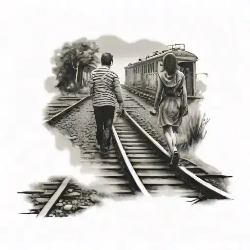 couple holding hands walking on train tracks transforming tattoo design idea