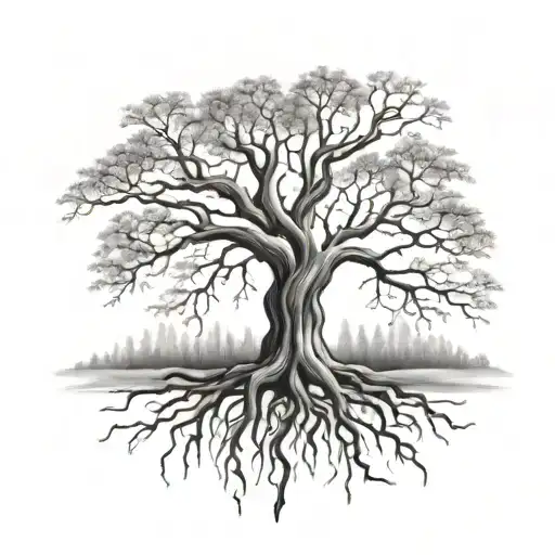 A black-grey tattoo of a tree with branches shaped like iron beams, with each branch representing a member of Beth's family, showcasing the strength and support they provide tattoo design idea