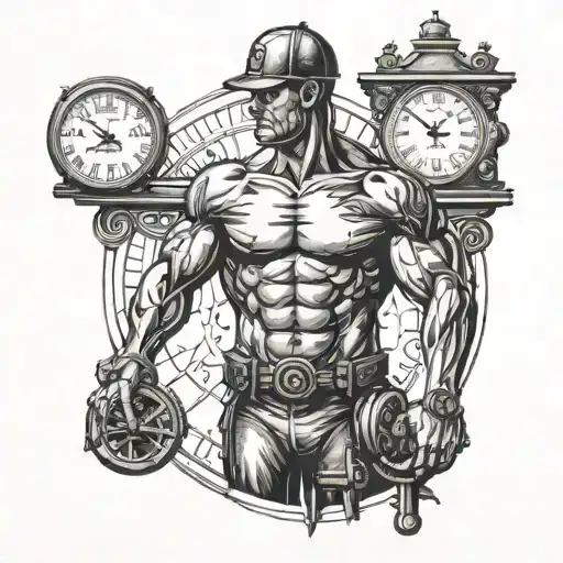 A detailed blackwork tattoo of a strong ironworker silhouette holding a clock, representing the balance between work and family time for Beth tattoo design idea