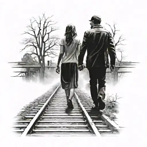 couple holding hands walking on train tracks transforming tattoo design idea