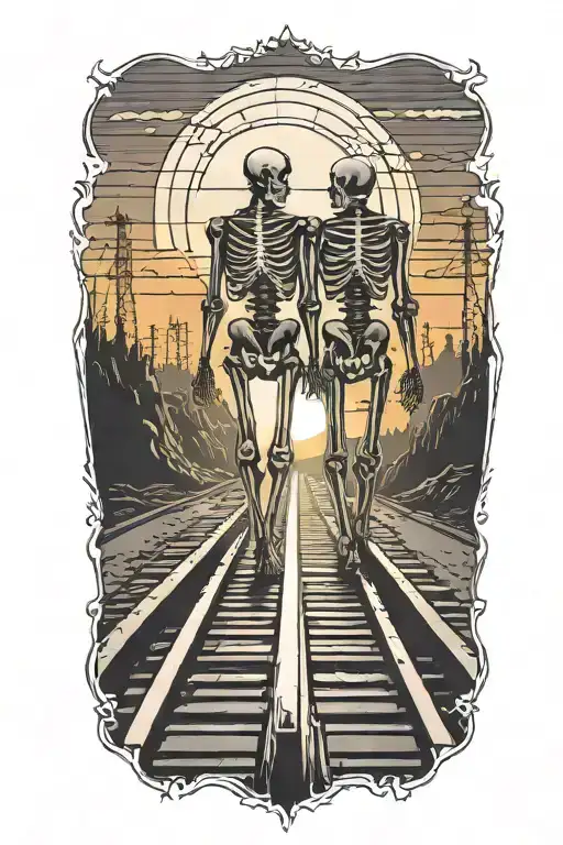 A skeleton couple walking on train tracks towards a glowing sunset holding hands tattoo design idea
