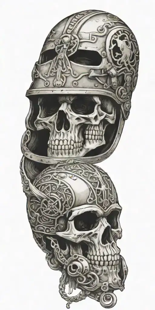 A motorcycle helmet adorned with viking symbols and skulls, reflecting a fearless spirit on the road tattoo design idea