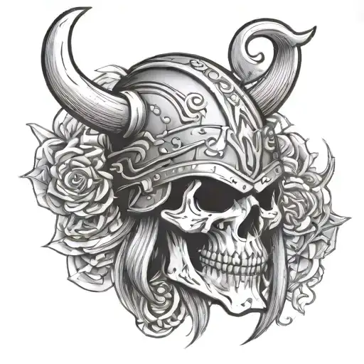 Design a skull wearing a viking helmet with intricate ironworker tools in the background tattoo design idea