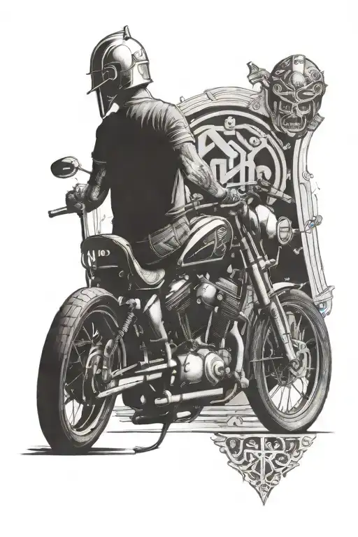 Ironworker welding a shovelhead harley motorcycle with viking runes in the background tattoo design idea