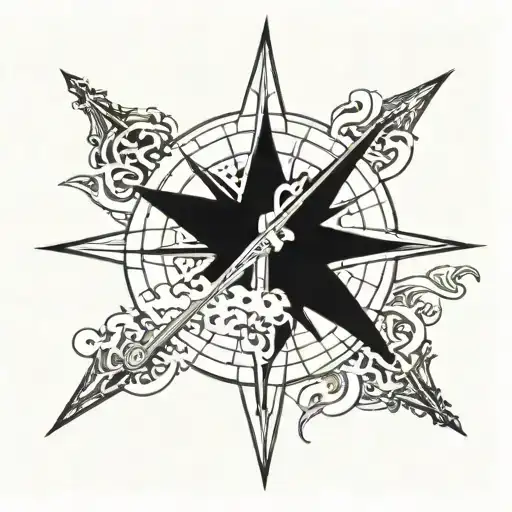 A blackwork design of a compass rose with each direction pointing towards a different family member's name, emphasizing the importance of family in guiding Beth's life tattoo design idea