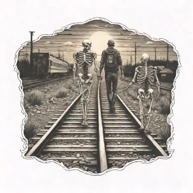  tattoo of a  skeleton couple walking along train tracks against all odds on path towards a glowing sunset holding hands tattoo design idea