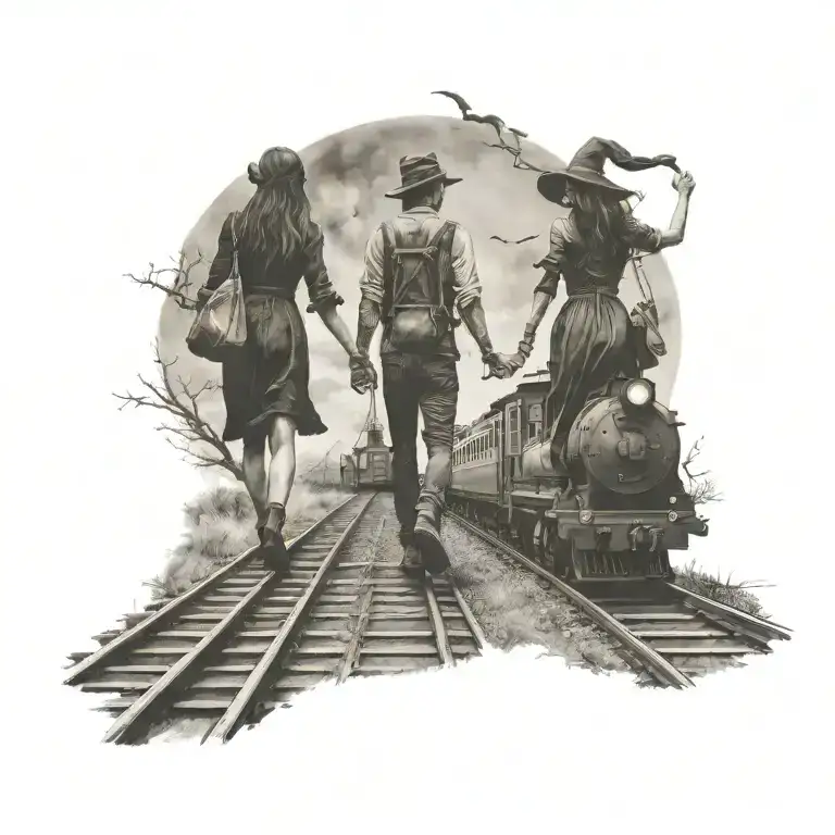 couple holding hands walking on train traveling witch casting spells tattoo design idea
