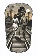 couple holding hands walking on train tracks towards the sunset tattoo design idea