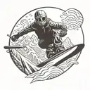 Snowboarder shredding down a mountain with a skull helmet and viking shield tattoo design idea