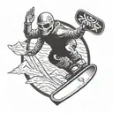 Snowboarder shredding down a mountain with a skull helmet and viking shield tattoo design idea