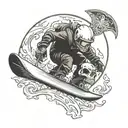 Snowboarder shredding down a mountain with a skull helmet and viking shield tattoo design idea