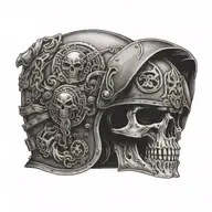 A motorcycle helmet adorned with viking symbols and skulls, reflecting a fearless spirit on the road tattoo design idea