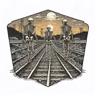  tattoo of a  skeleton couple walking along train tracks against all odds on path towards a glowing sunset holding hands tattoo design idea